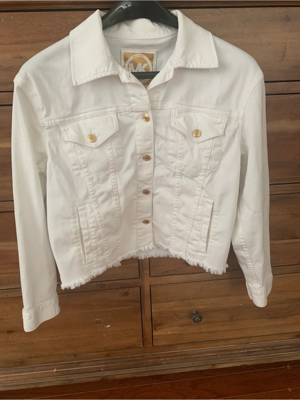 Michael Kors Denim Jacket: White, Gold Buttons, Side Pockets, Raw Hem L